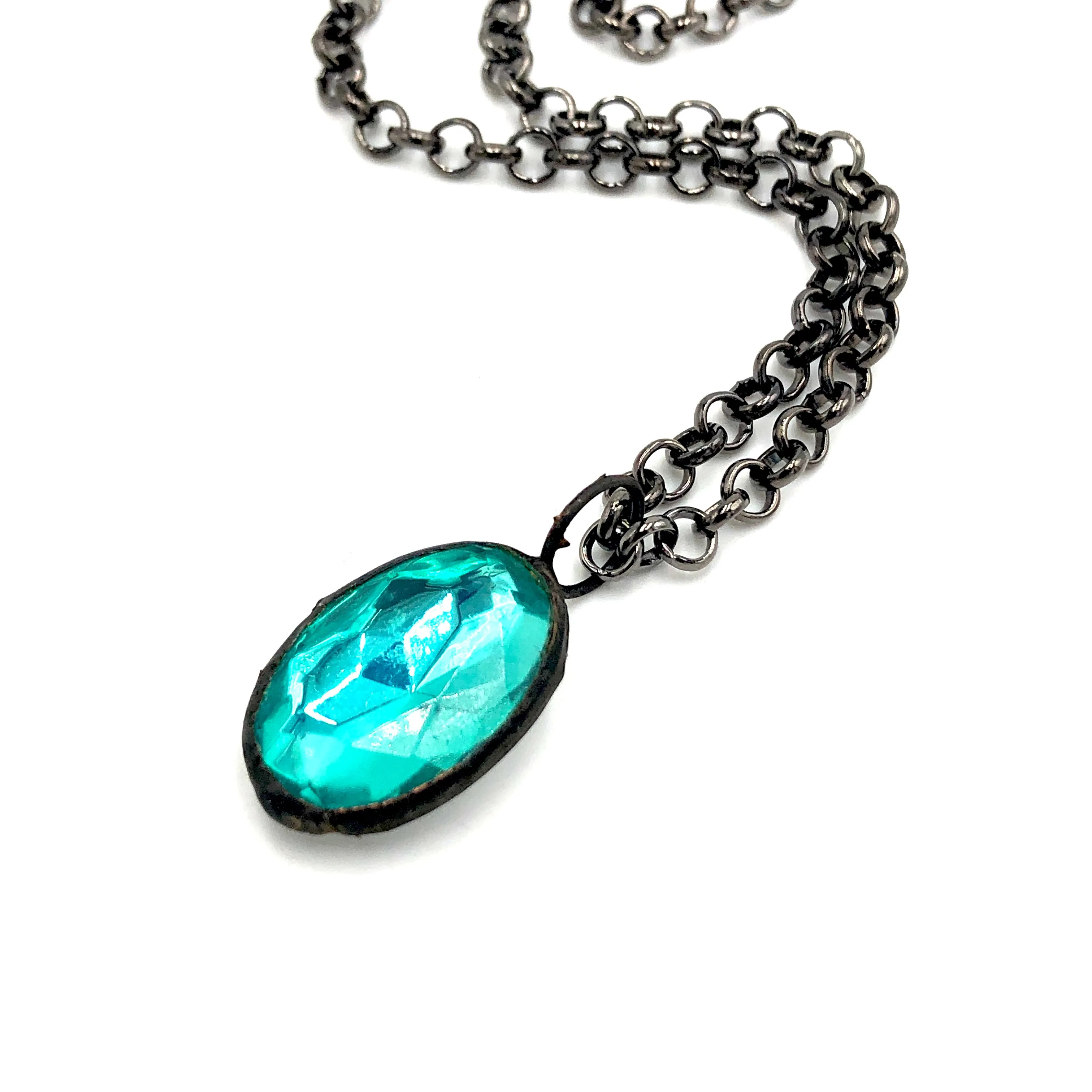 Teal Bling Oval Gun Metal Layering Necklace