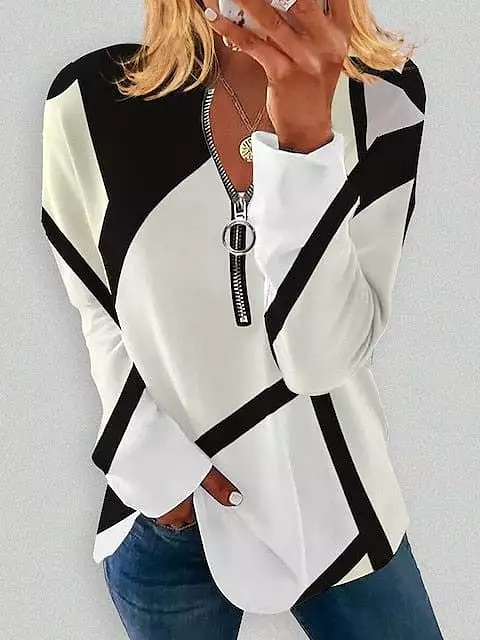 Versatile Women's Plus Size Zip Up Sweatshirt with Color Block Print