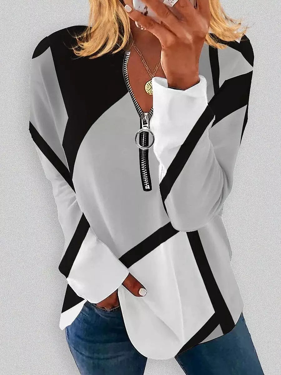 Versatile Women's Plus Size Zip Up Sweatshirt with Color Block Print