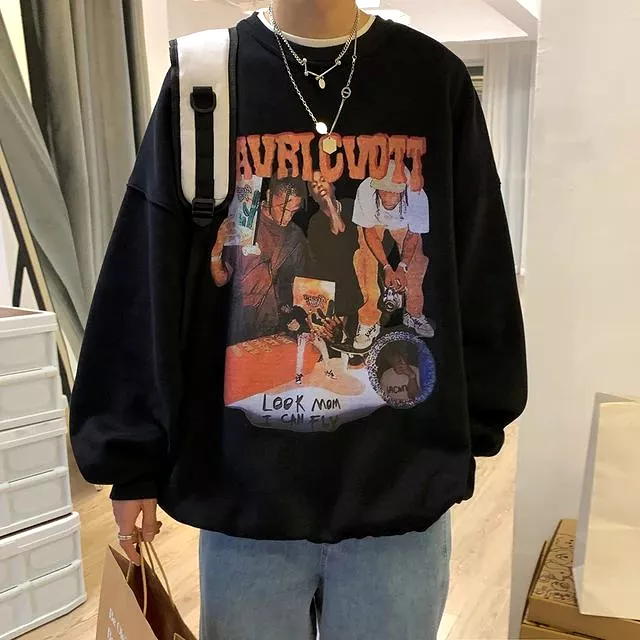 Vintage America Men O-neck Sweater Hip Hop Rapper Printed Letter Fashion Long Sleeve All-match Young Street Casual Men Pullover 