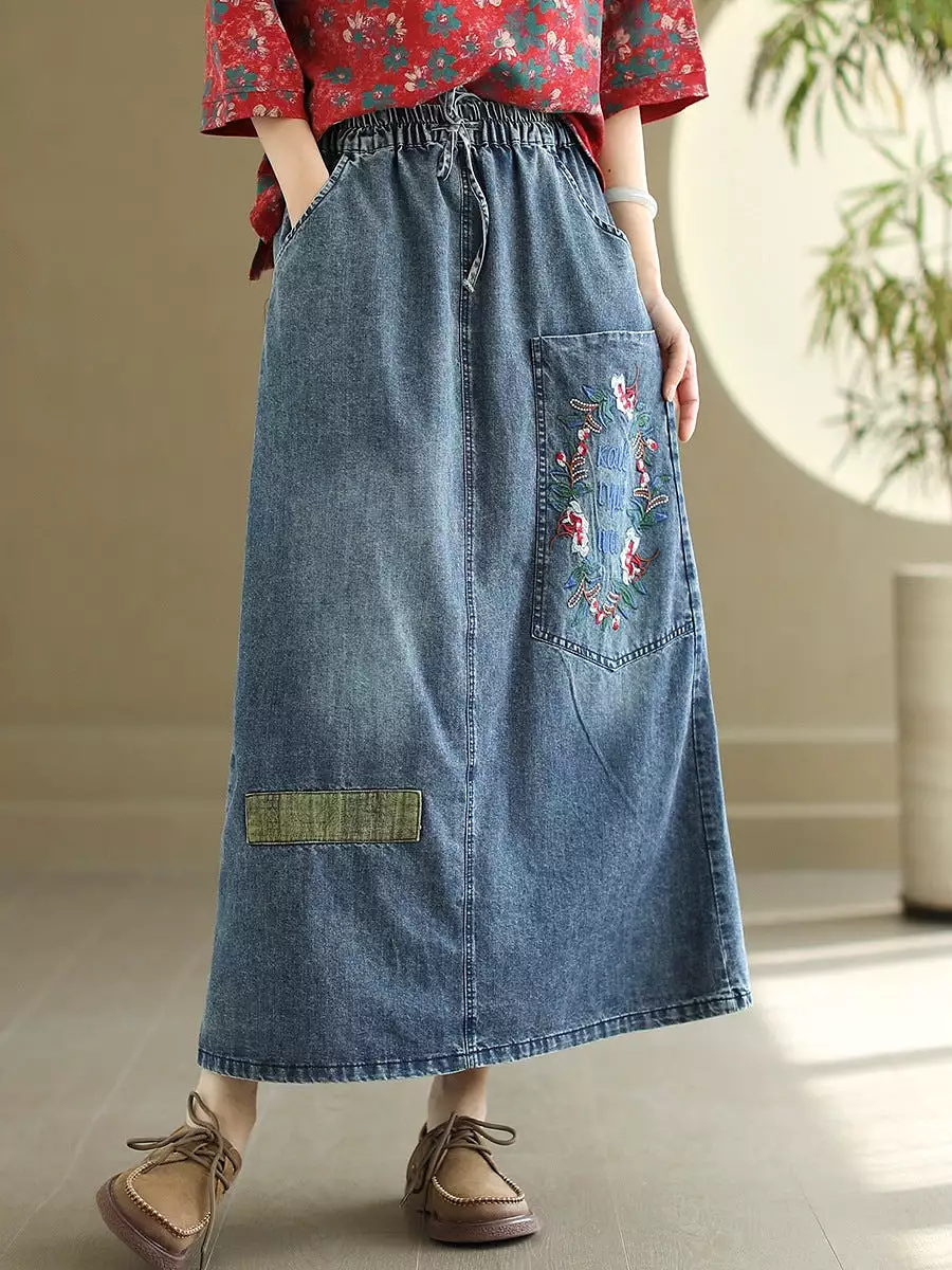 Women Artsy Flower Embroidery Denim Skirt CO1053