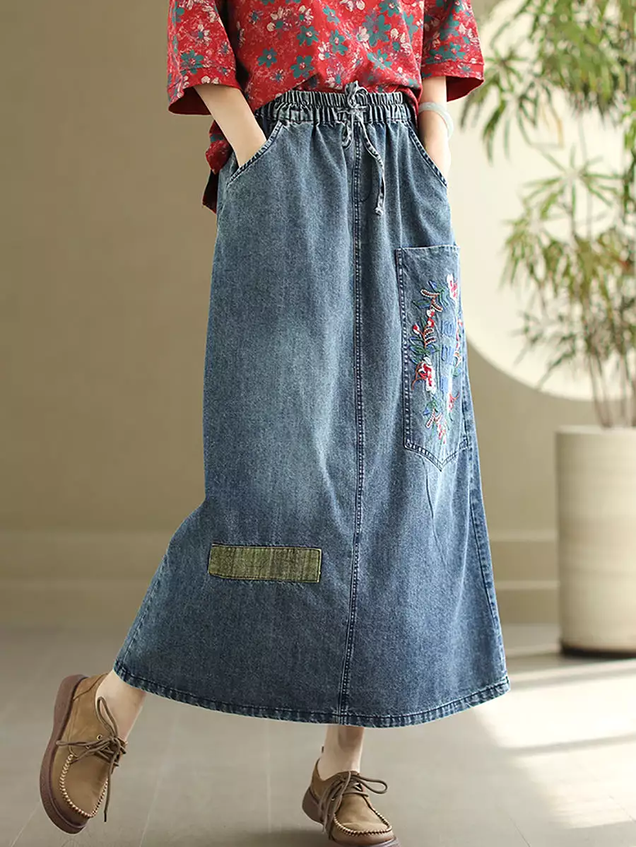 Women Artsy Flower Embroidery Denim Skirt CO1053