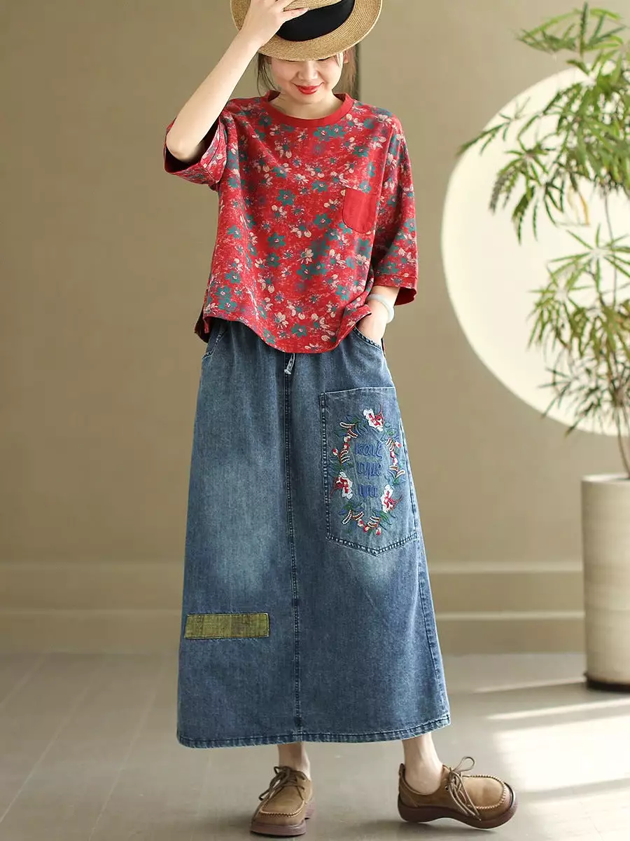 Women Artsy Flower Embroidery Denim Skirt CO1053