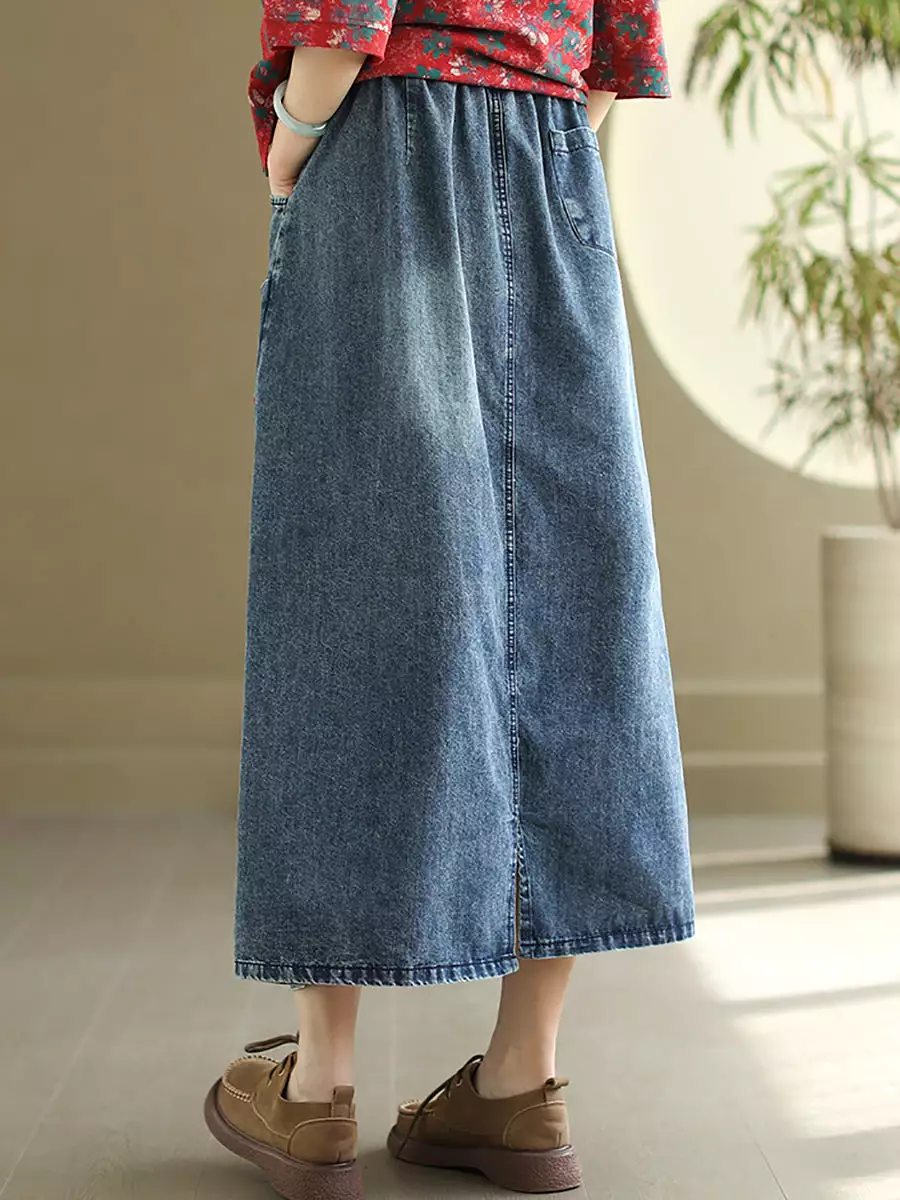 Women Artsy Flower Embroidery Denim Skirt PA1009