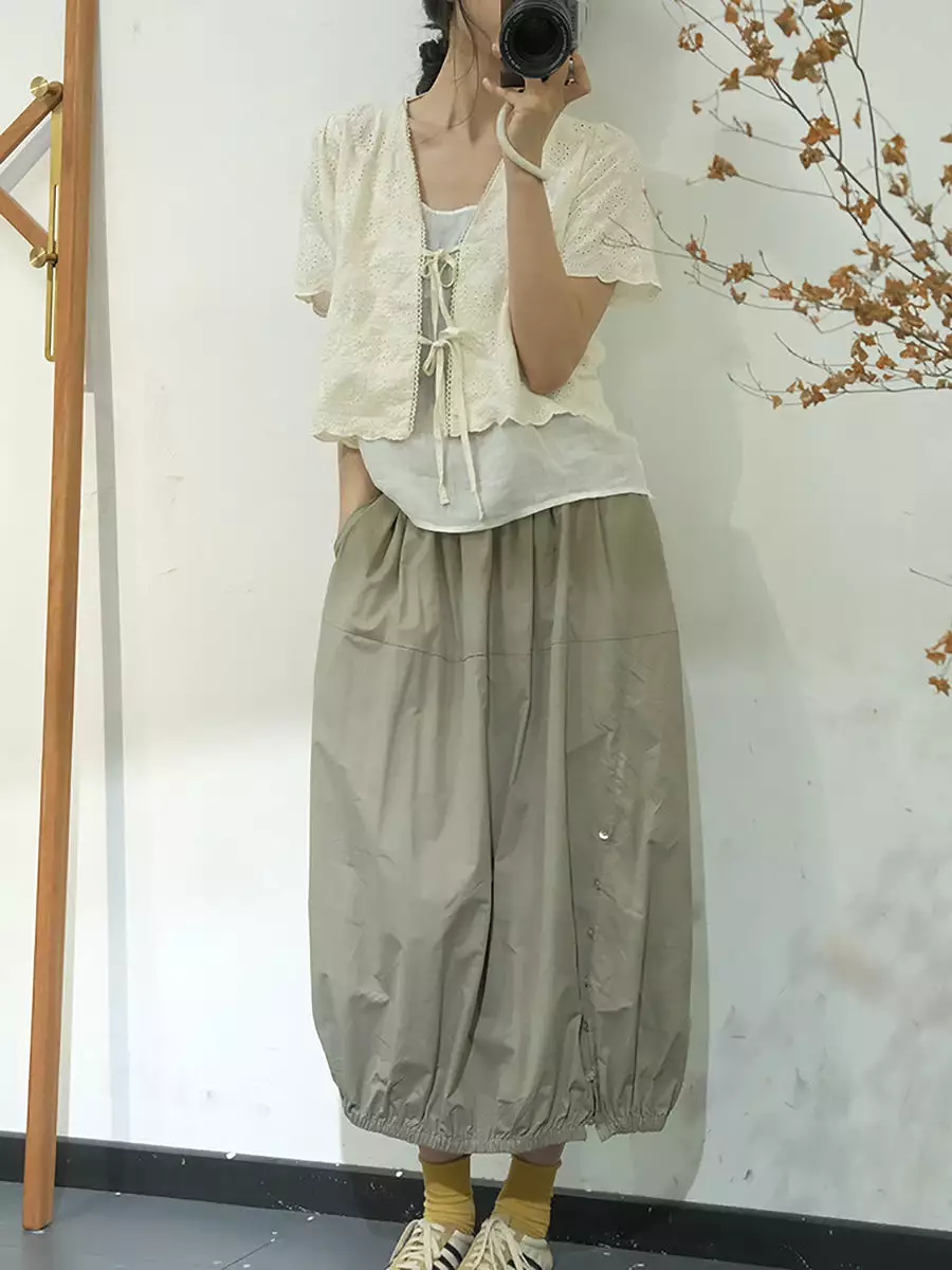 Women Artsy Solid Summer Button Cotton Skirt KL1017