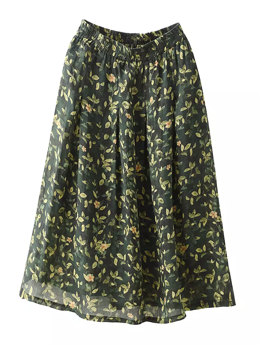 Women Artsy Summer Flower Ramie A-shape Skirt CO1025