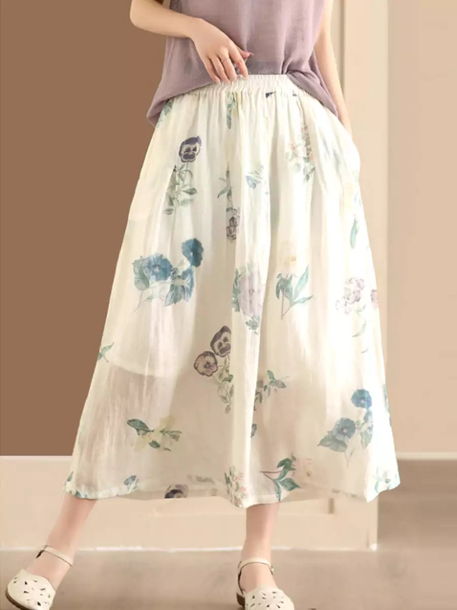 Women Artsy Summer Flower Ramie A-shape Skirt CO1025