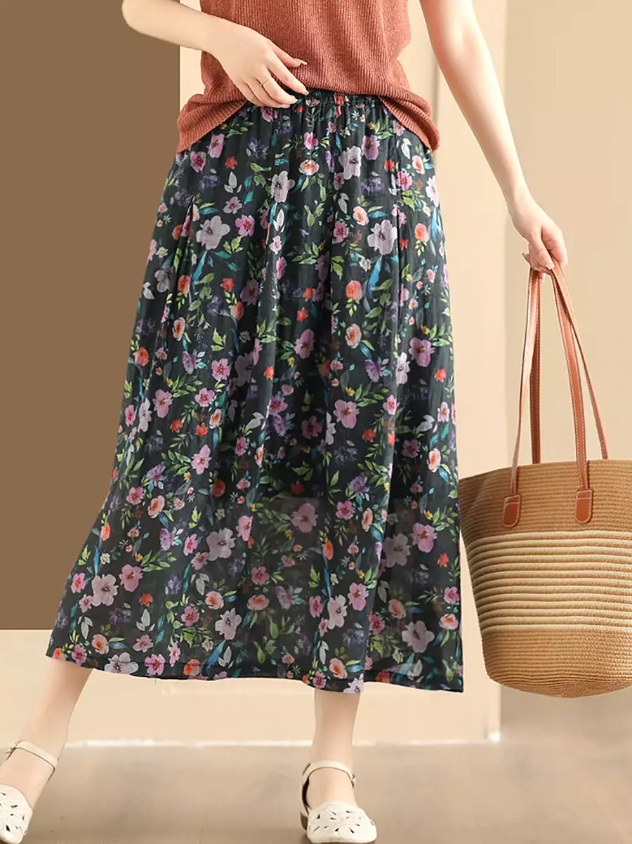 Women Artsy Summer Flower Ramie A-shape Skirt CO1025