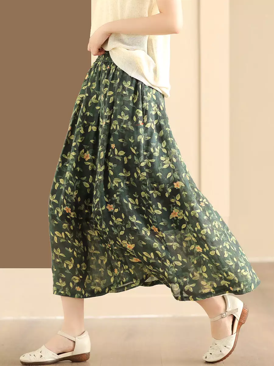 Women Artsy Summer Flower Ramie A-shape Skirt CO1025