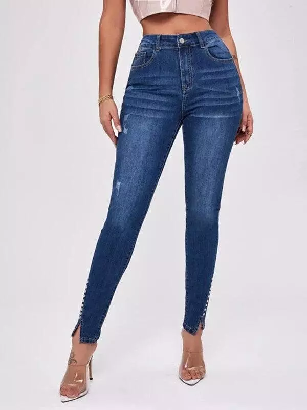 Women Beaded Slit Jeans