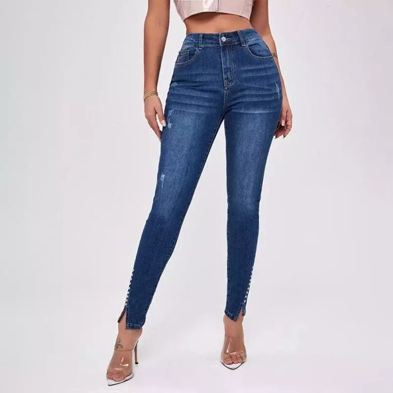 Women Beaded Slit Jeans