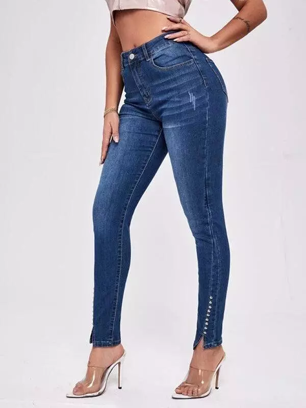 Women Beaded Slit Jeans