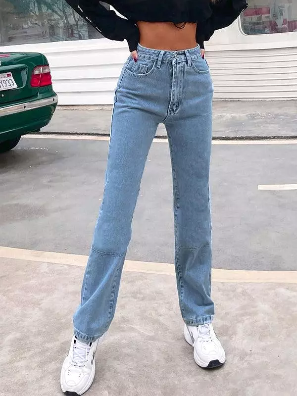 Women Denim Jeans - High Waist Straight-leg