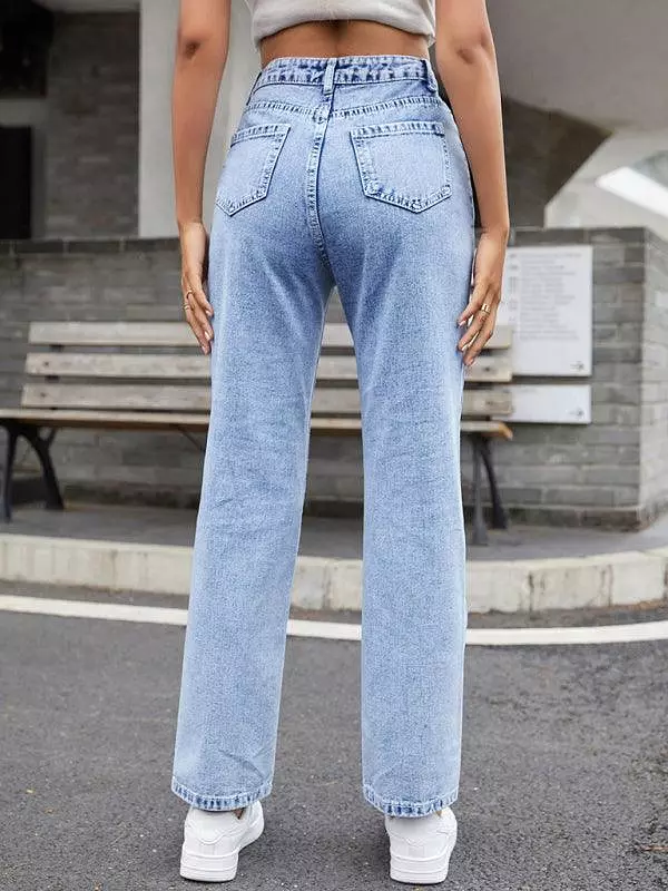 Women Denim Jeans - High Waist Straight-leg