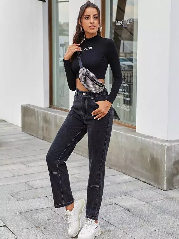 Women Denim Jeans - High Waist Straight-leg