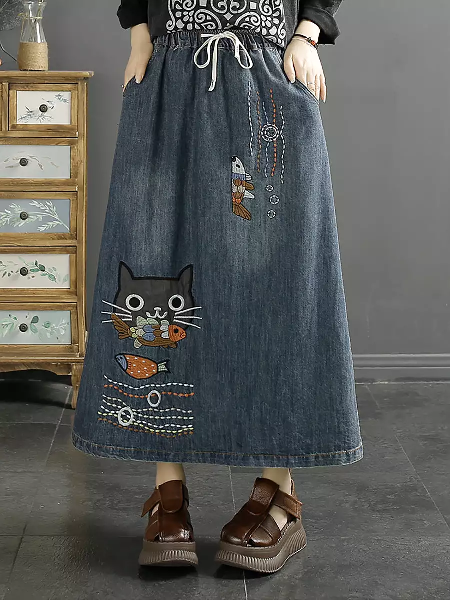 Women Summer Casual Cat Fish Embroidery Denim Skirt KL1008