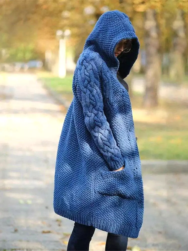 Women's Cozy Cable Knit Hooded Cardigan Coat