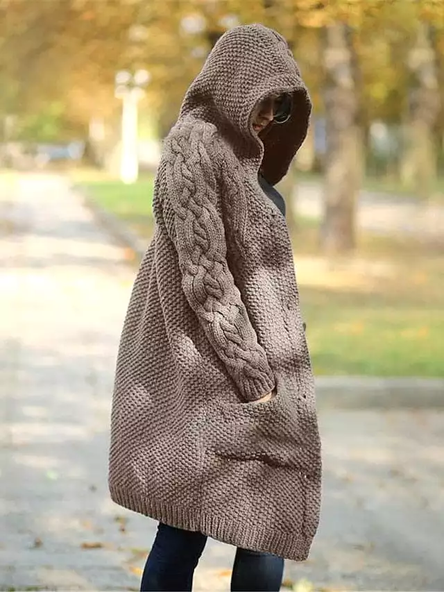 Women's Cozy Cable Knit Hooded Cardigan Coat