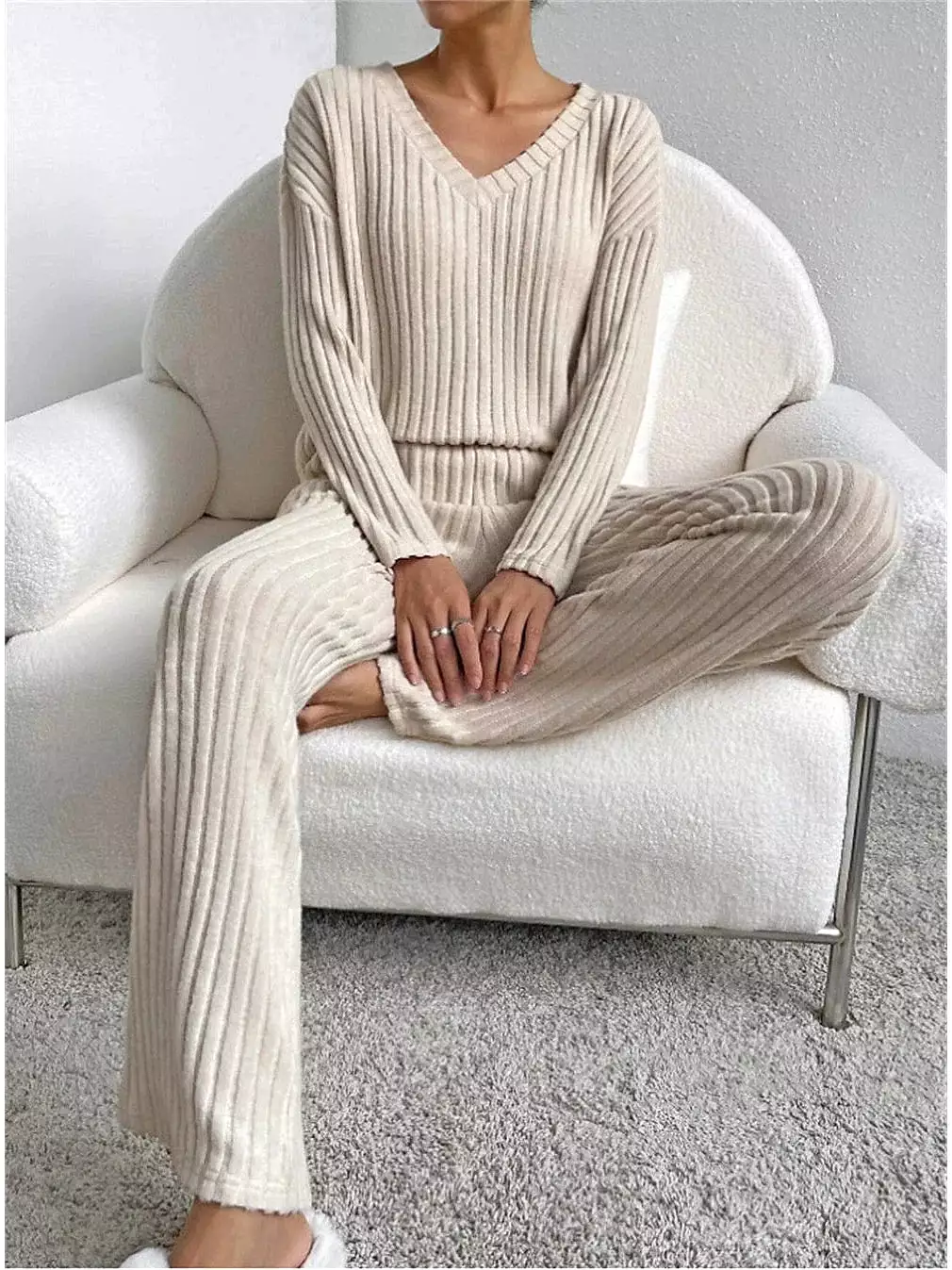 Women's Cozy Fleece Long Sleeve T-shirt and Pants Set in Black, Khaki, and Beige