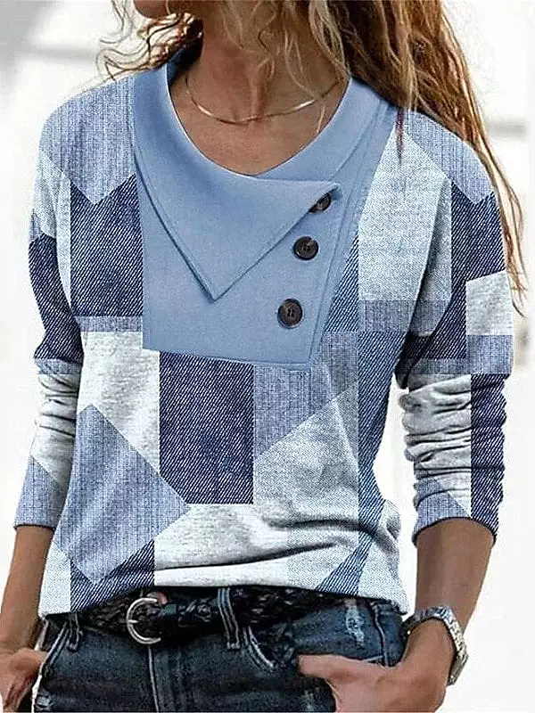 Women's Geometric Abstract Print Long Sleeve T-Shirt with Button Pile Neck