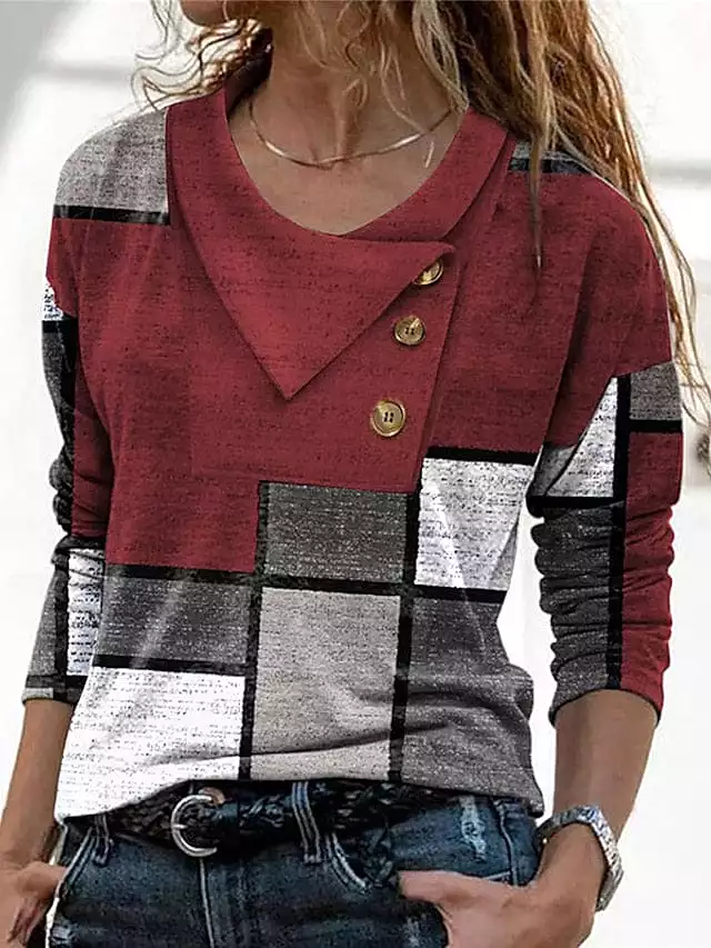 Women's Geometric Abstract Print Long Sleeve T-Shirt with Button Pile Neck