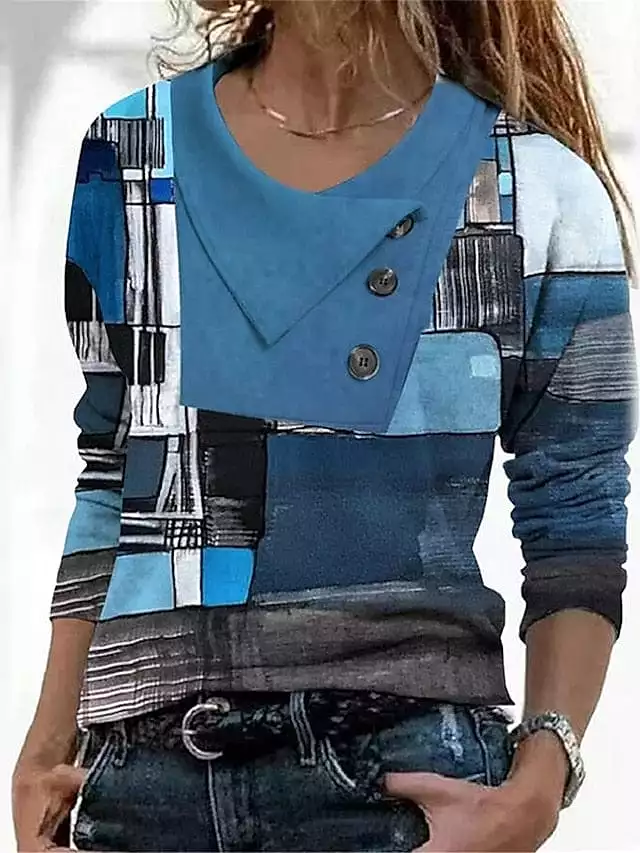 Women's Geometric Abstract Print Long Sleeve T-Shirt with Button Pile Neck