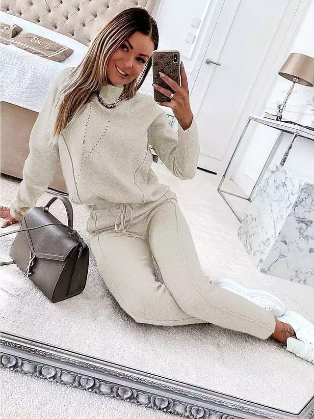 Women's Green and Pink Drawstring Turtleneck Sweatshirt Tracksuit Pants Set