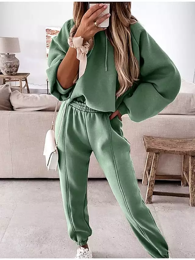 Women's Hooded Sweatshirt and Tracksuit Pants Set in Black, White, and Green for Fall & Winter