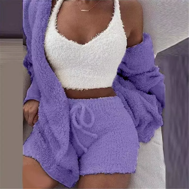 Women's Sexy Fuzzy 3 Piece Outfits Fleece Fluffy Warm Hooded Cardigan Crop Top Shorts Set Pajamas Lounge Sets Loungewear