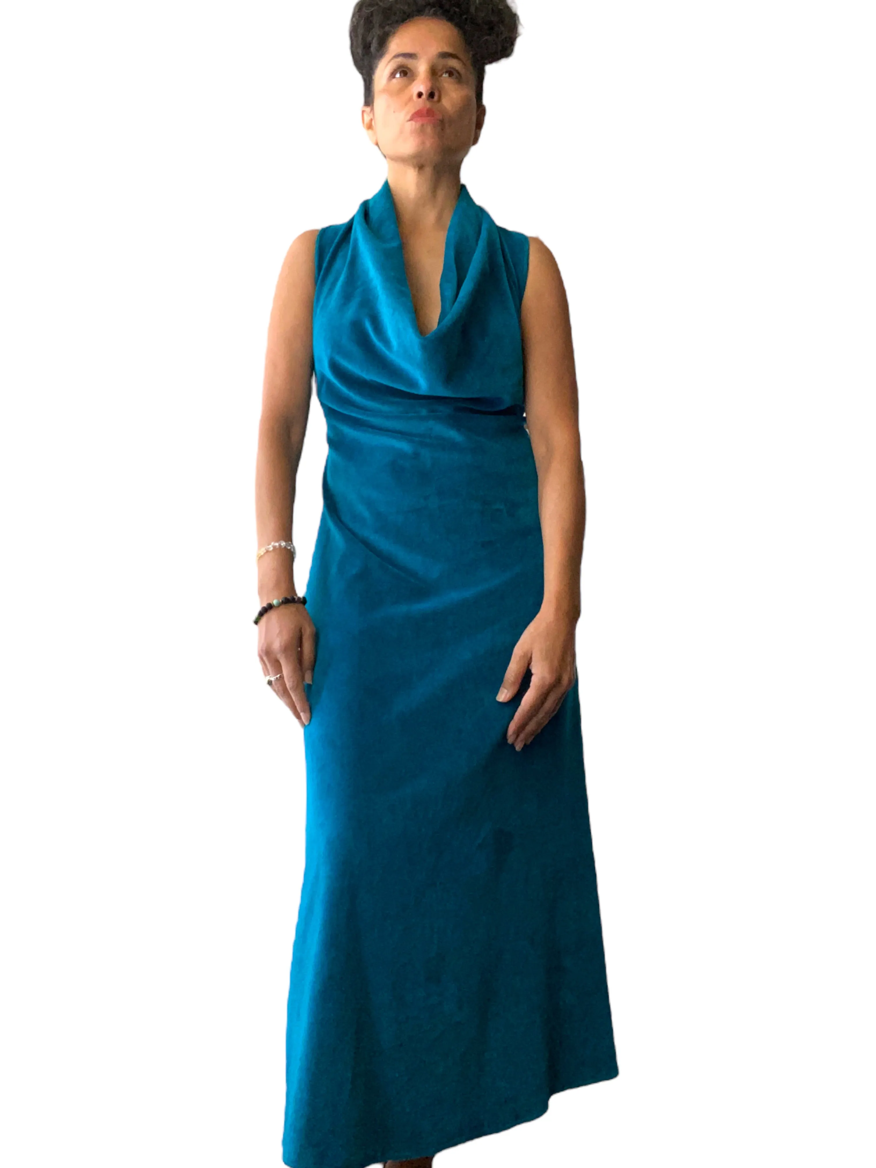 Y2K Teal Open Back Velour Halter Dress