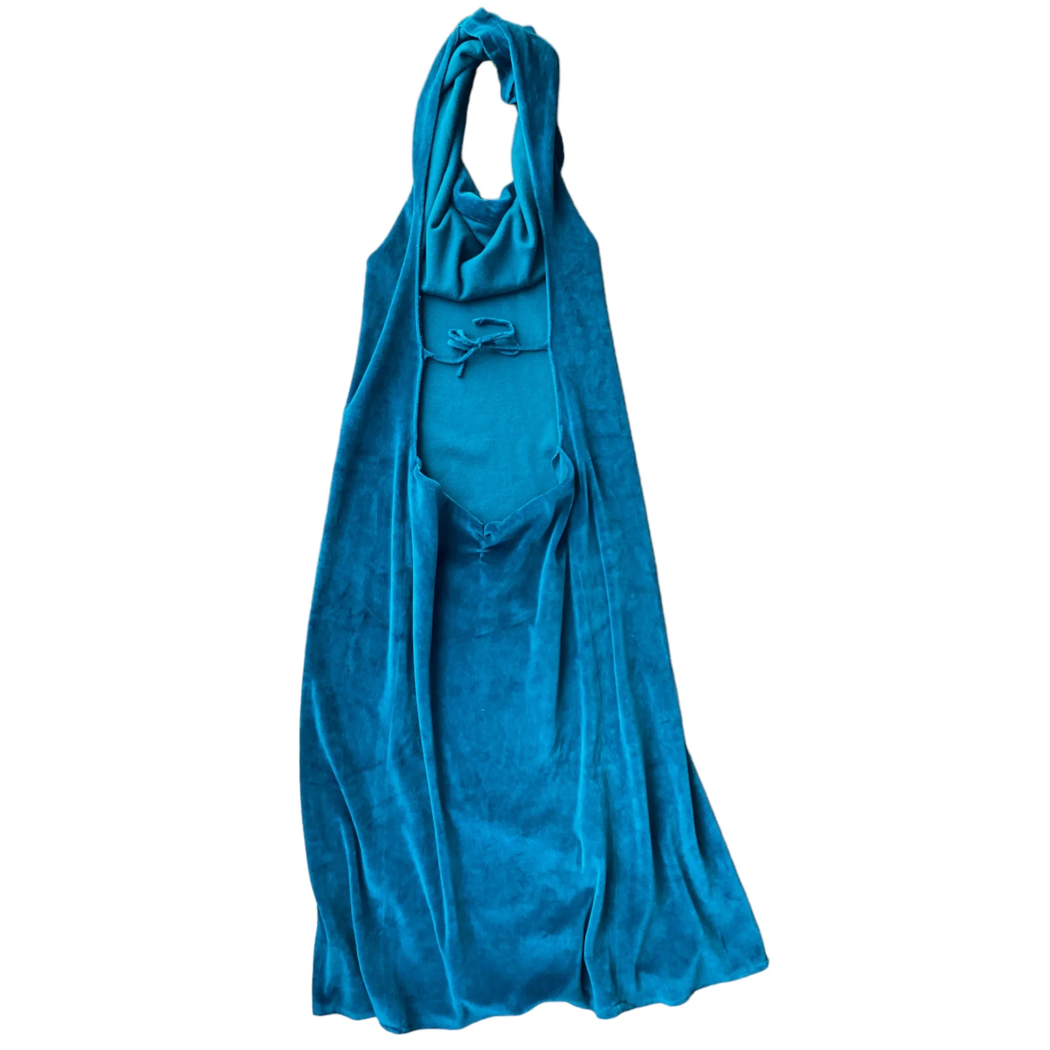 Y2K Teal Open Back Velour Halter Dress