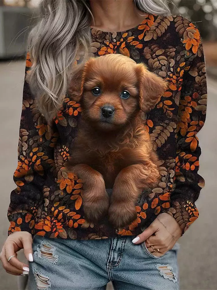 Yellow, Orange, and Brown Dog Print Women's Sweatshirt Pullover for Active Sports